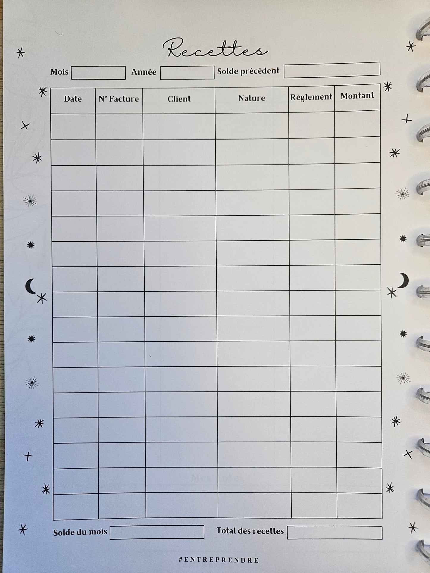 Carnet de trésorerie rechargeable - Recettes - Harmonie Céleste